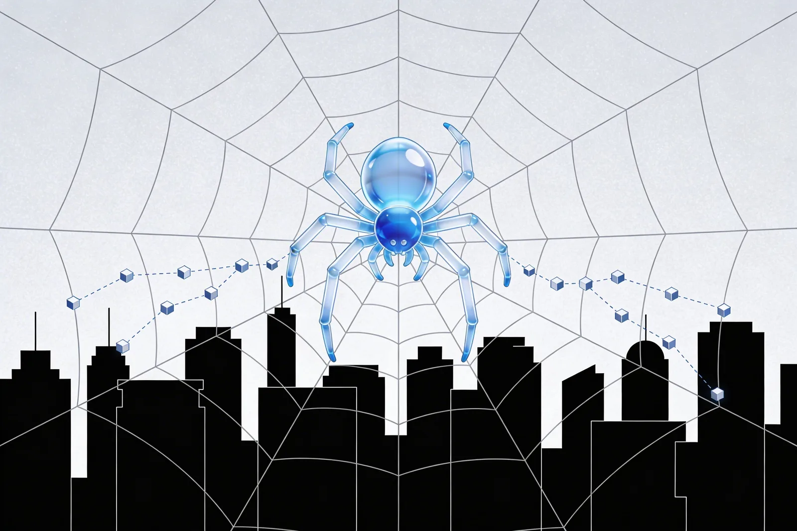 A giant translucent spider at the center of a web spanning a city skyline, with data packets flowing along the strands