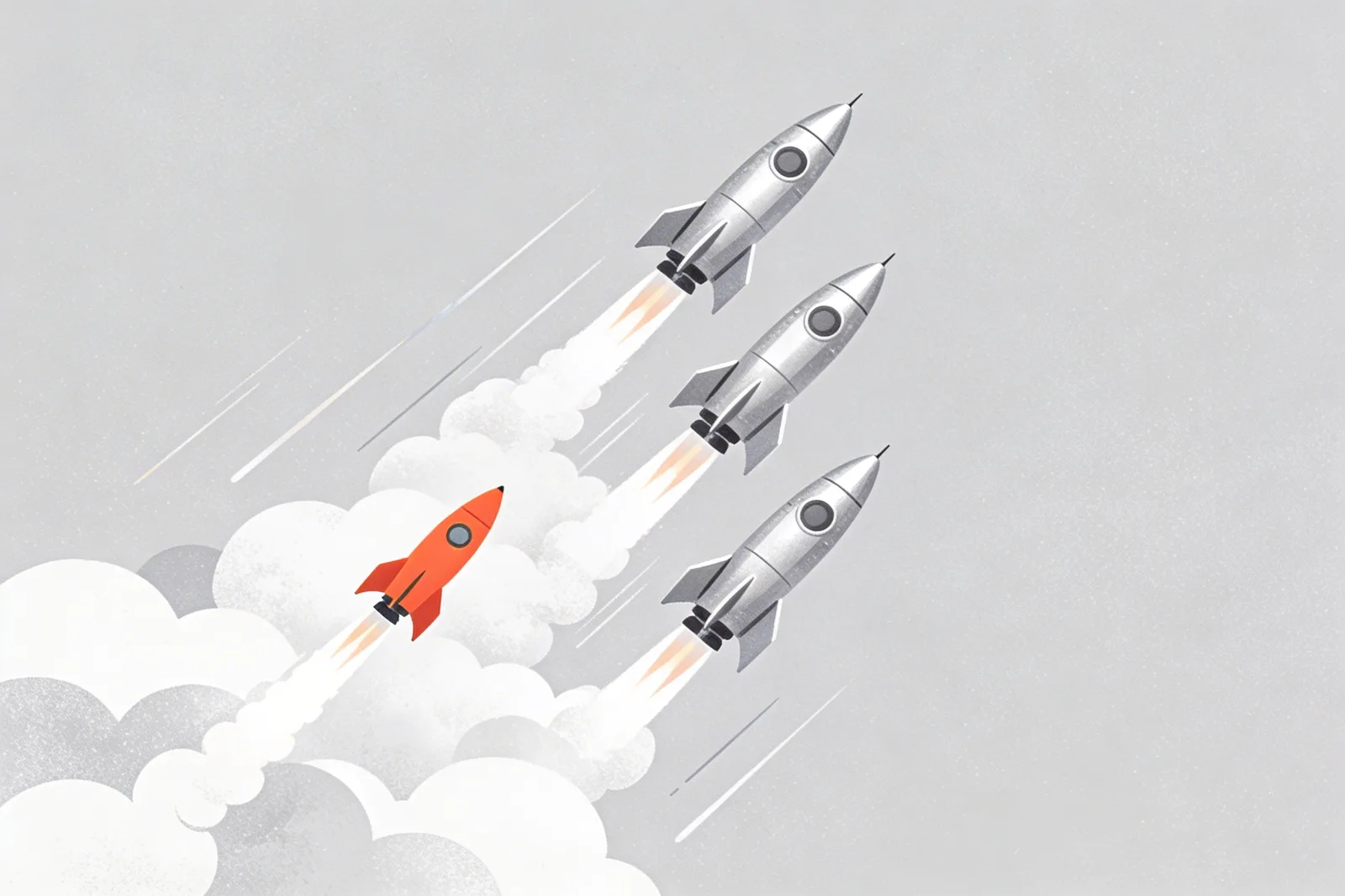 A small bright rocket overtaking larger spacecraft in a vertical race through cloud layers