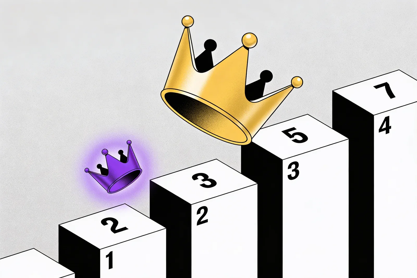 A golden crown tumbling downward past numbered podiums while a smaller purple crown ascends past it