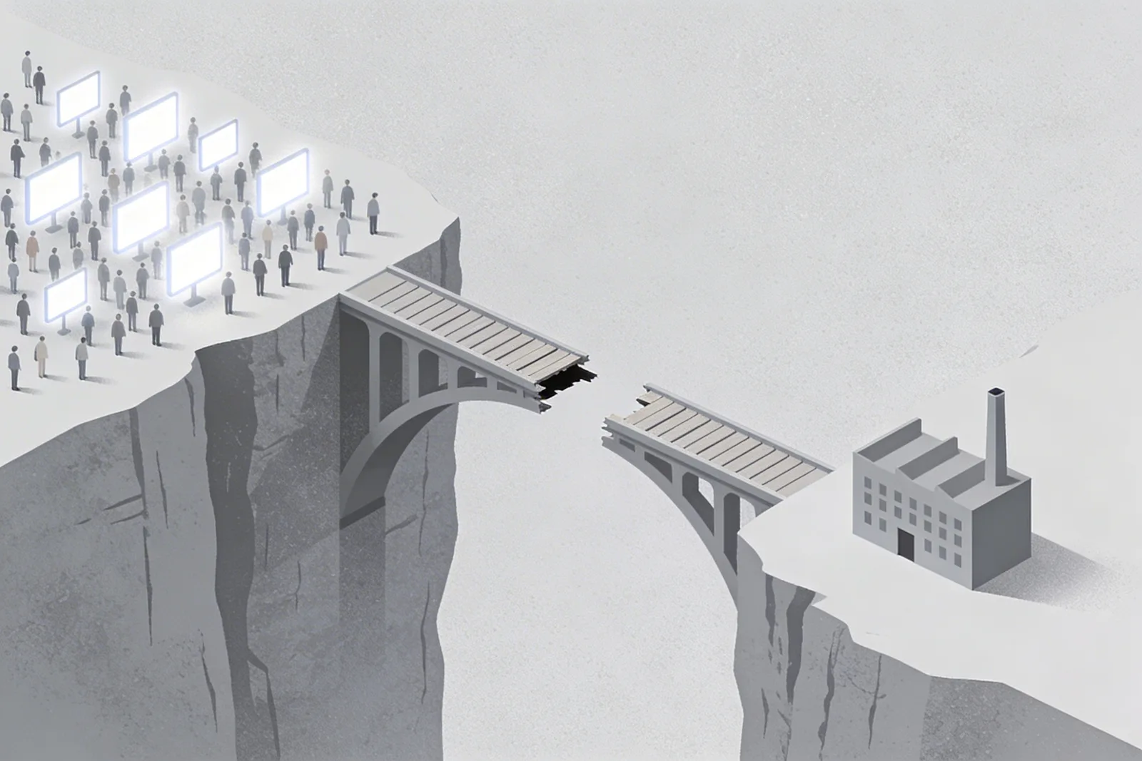 A half-built bridge spanning a canyon, one side crowded with figures and screens, the other side with a single factory, a wide gap in the middle