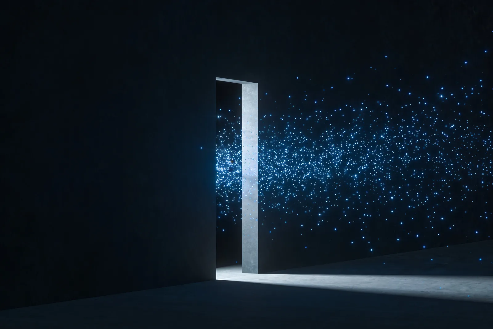 Streams of blue particles passing through a narrow lit gateway while others deflect away into darkness