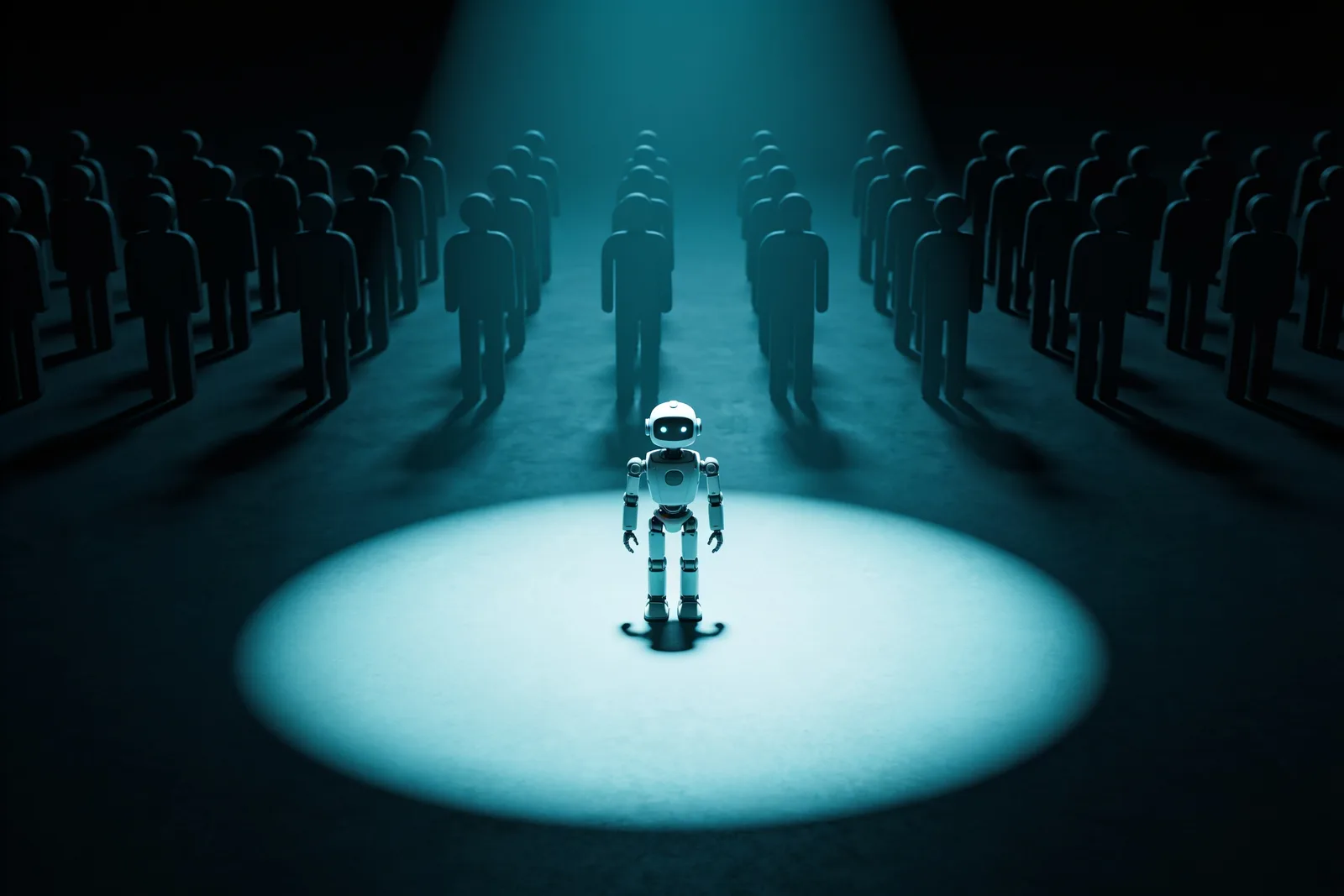 A single robot standing lit in a spotlight while identical figures stay unlit in the darkness behind it