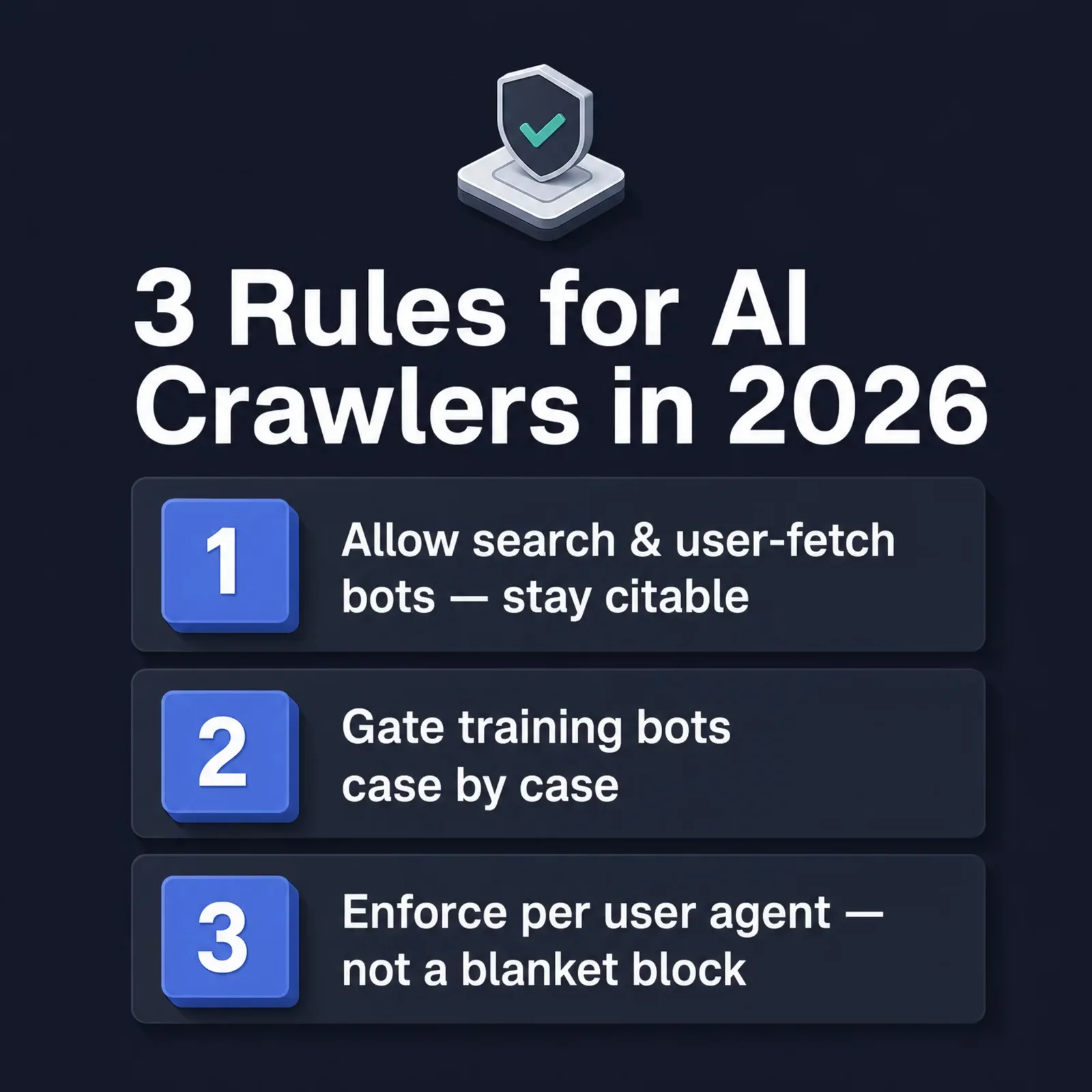 Infographic of three rules for AI crawlers in 2026: allow search and user-fetch bots, gate training bots case by case, enforce per user agent