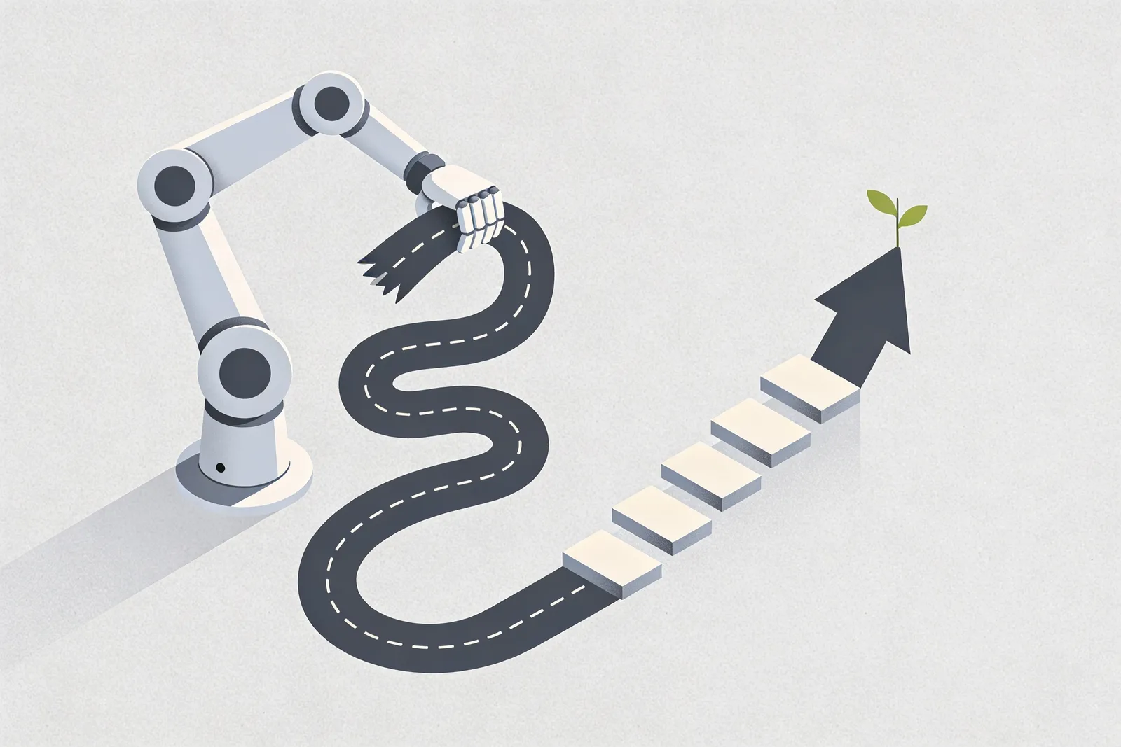 Robotic arm folding a long winding road into short rising steps with a sprout at the top, showing AI compressing a marketing workflow into ROI
