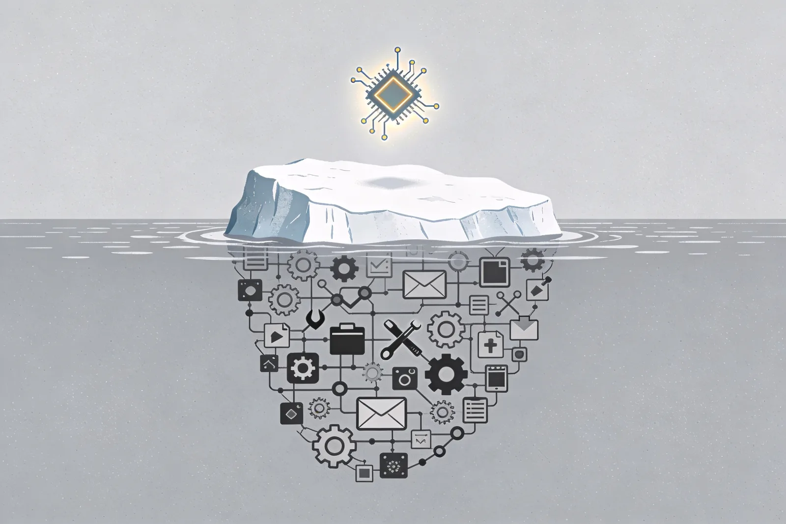 Iceberg with a small AI chip above water and many marketing tool icons hidden below, showing AI deployed inside existing platforms