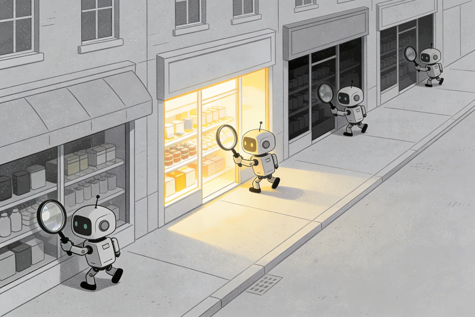 Small robots with magnifying glasses inspecting shop windows along a street with one storefront lit, showing AI crawlers and brand visibility in AI search