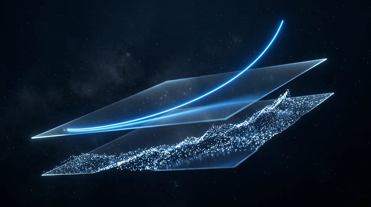Two layered translucent planes in deep navy: a smooth glowing blue curve arcing upward on the upper plane represents revenue forecasts, while a granular field of individual pinpoint lights on the lower plane represents live deployment signals tracking the same trend imperfectly