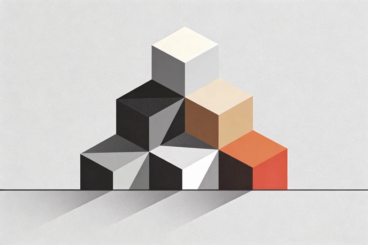 Six interlocking geometric building blocks of different sizes representing the six AI segments — machine learning, generative AI, NLP, robotics, computer vision, and autonomous & sensor technology — as a balanced portfolio