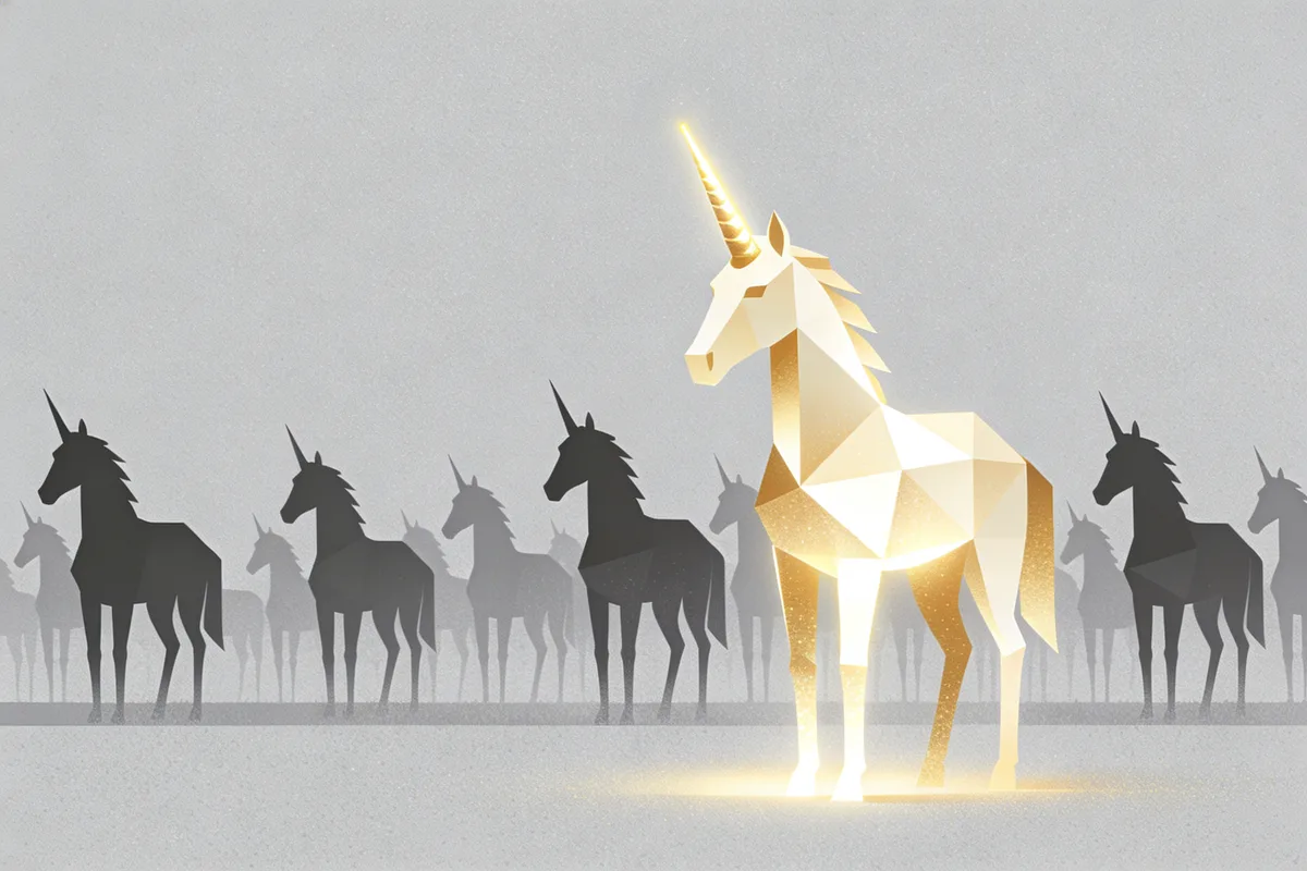 A field of geometric unicorn silhouettes with one brilliant glowing unicorn in the foreground, illustrating how 53% of all new 2025 unicorn births globally are AI startups