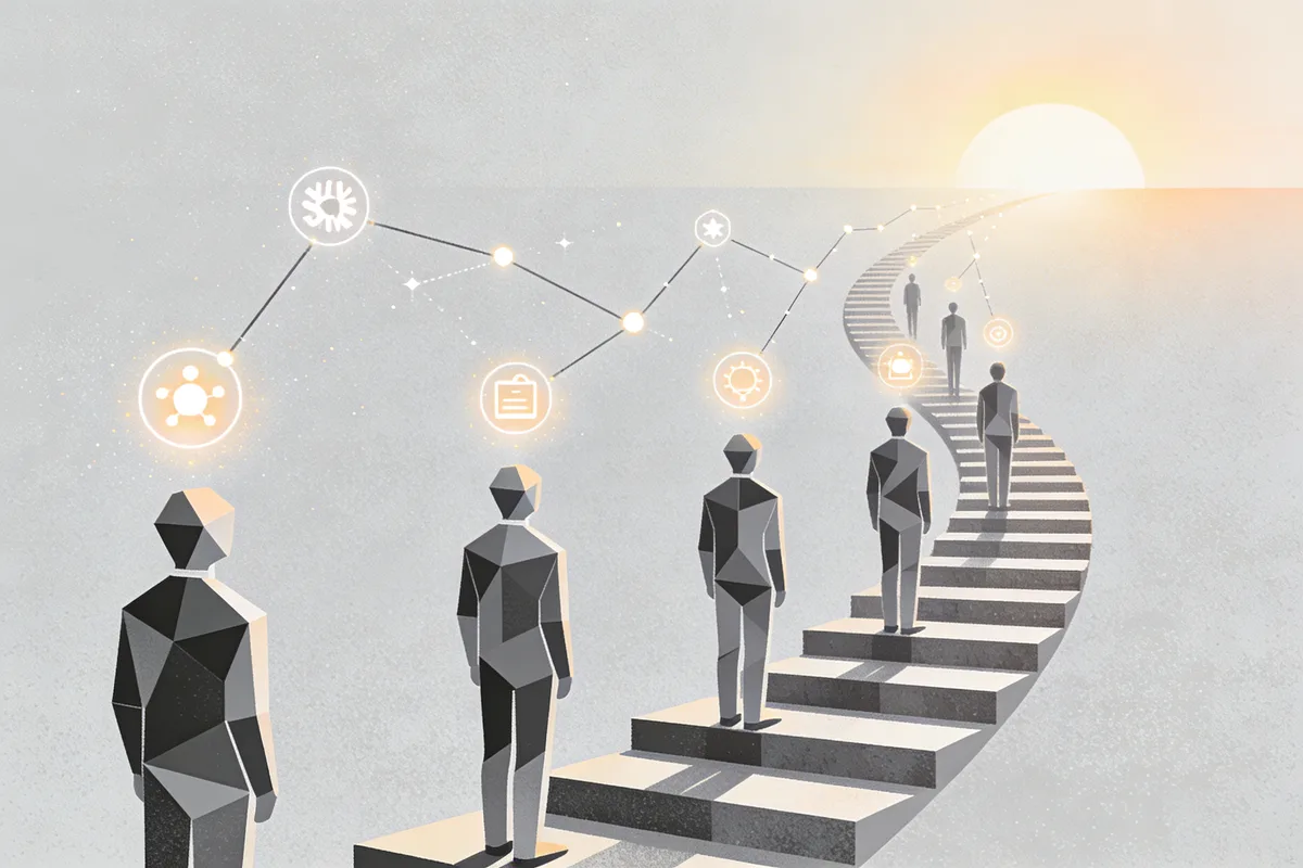 Geometric human figures standing on a curved learning path rising into a bright horizon, surrounded by floating skill icons — representing the 53% of AI leaders prioritizing whole-workforce AI fluency education over specialist hiring