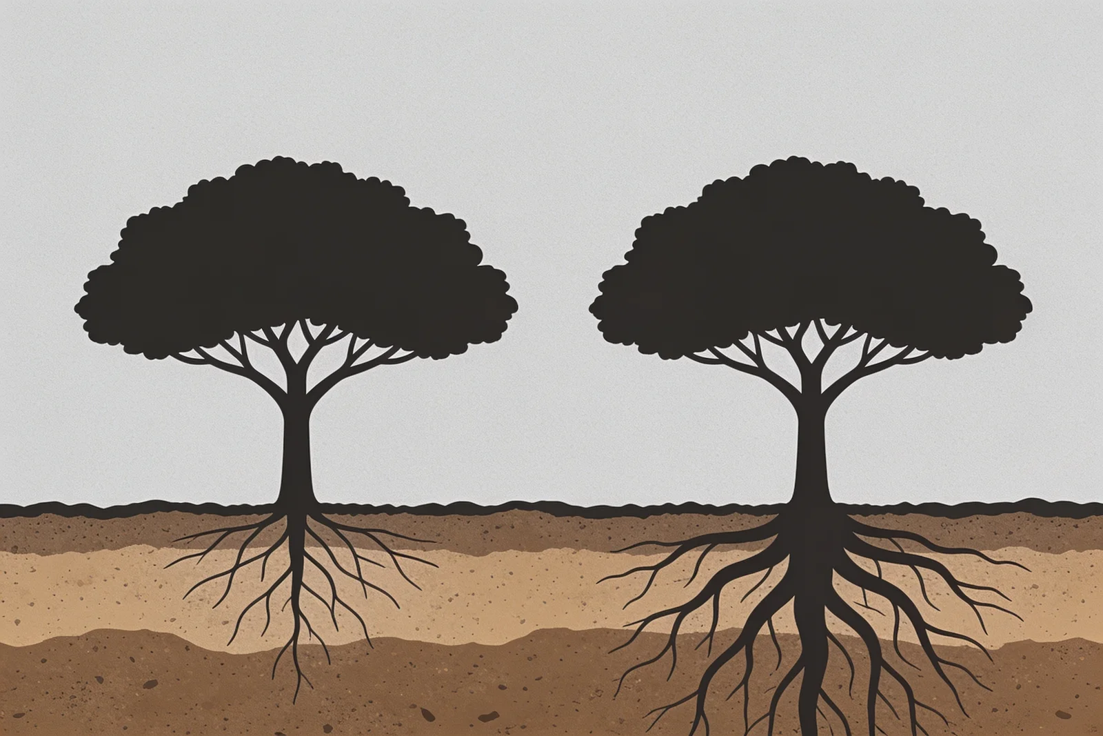 Two trees with canopies of identical width, the left with thin shallow roots and the right with thick roots reaching deep underground