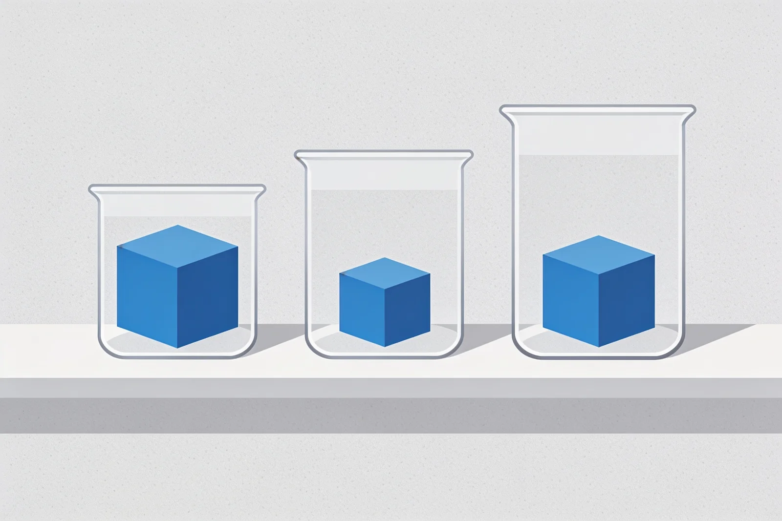 Three glass containers of increasing size, each holding an identically sized blue cube, so the same object fills the narrow container and looks small in the wide one