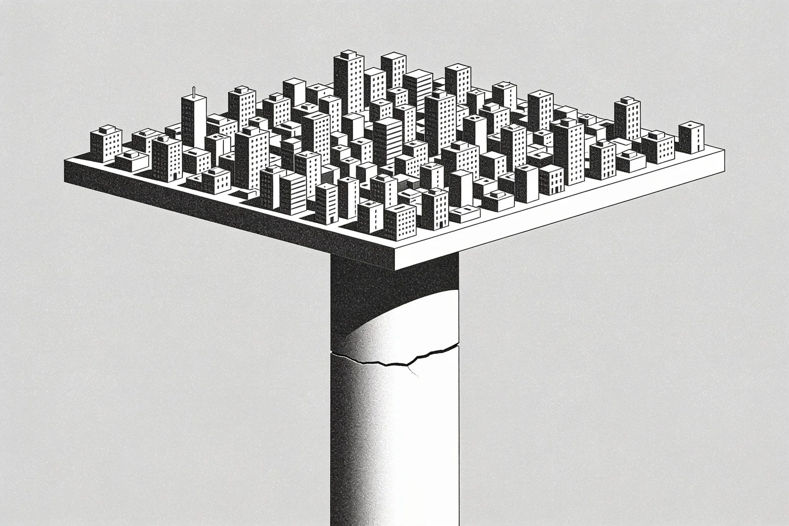 A single wide column with a crack across its middle supporting a raised platform crowded with many small buildings