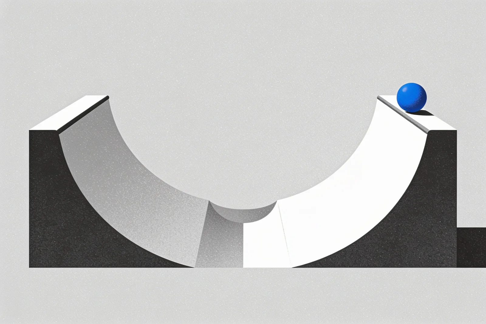 A curved halfpipe ramp dipping to a low trough with a blue sphere resting high on the rising right-hand slope, above the height it started from