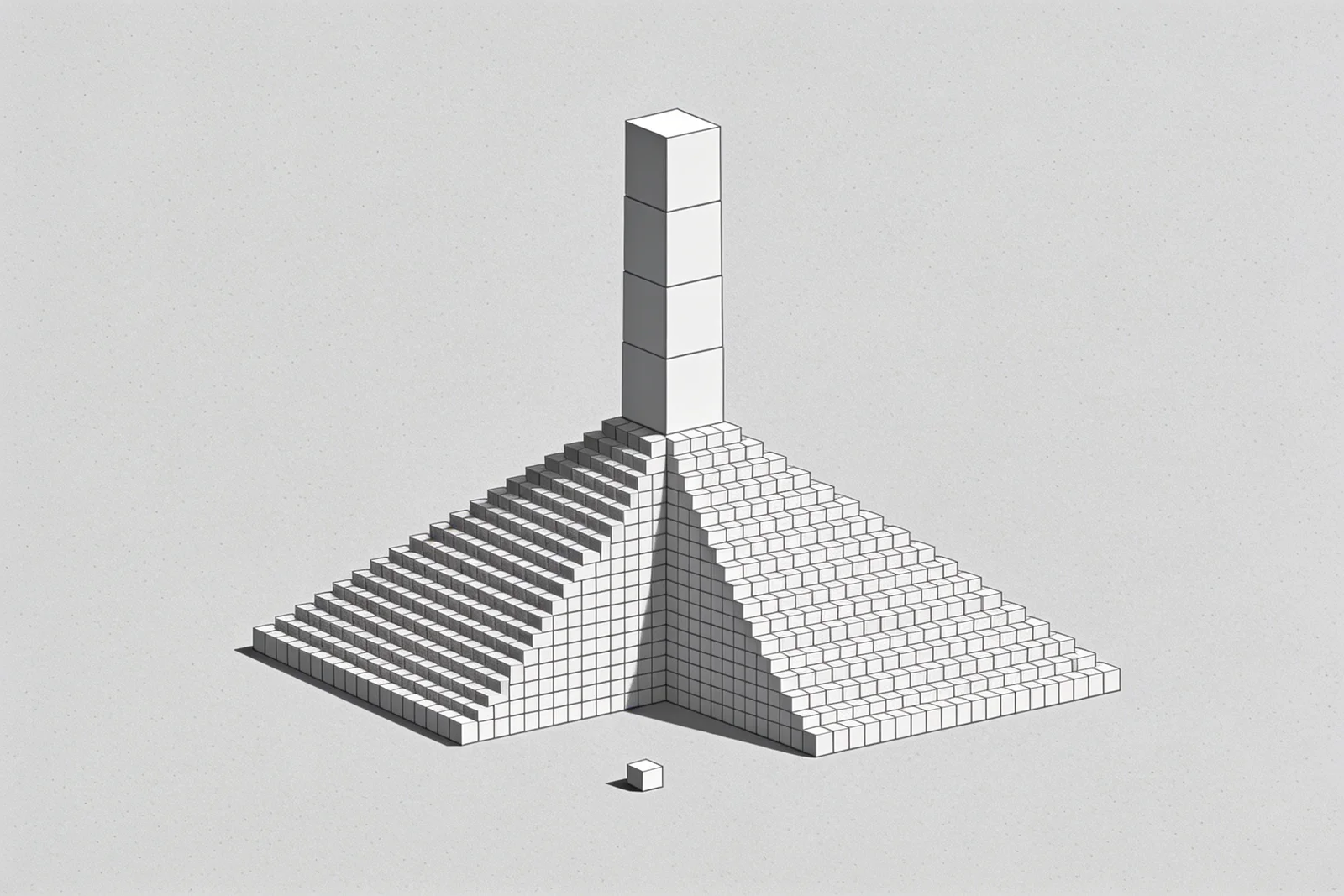 A vast pyramid built from very many tiny cubes topped by a single narrow tower block, with one small cube alone at its base for scale