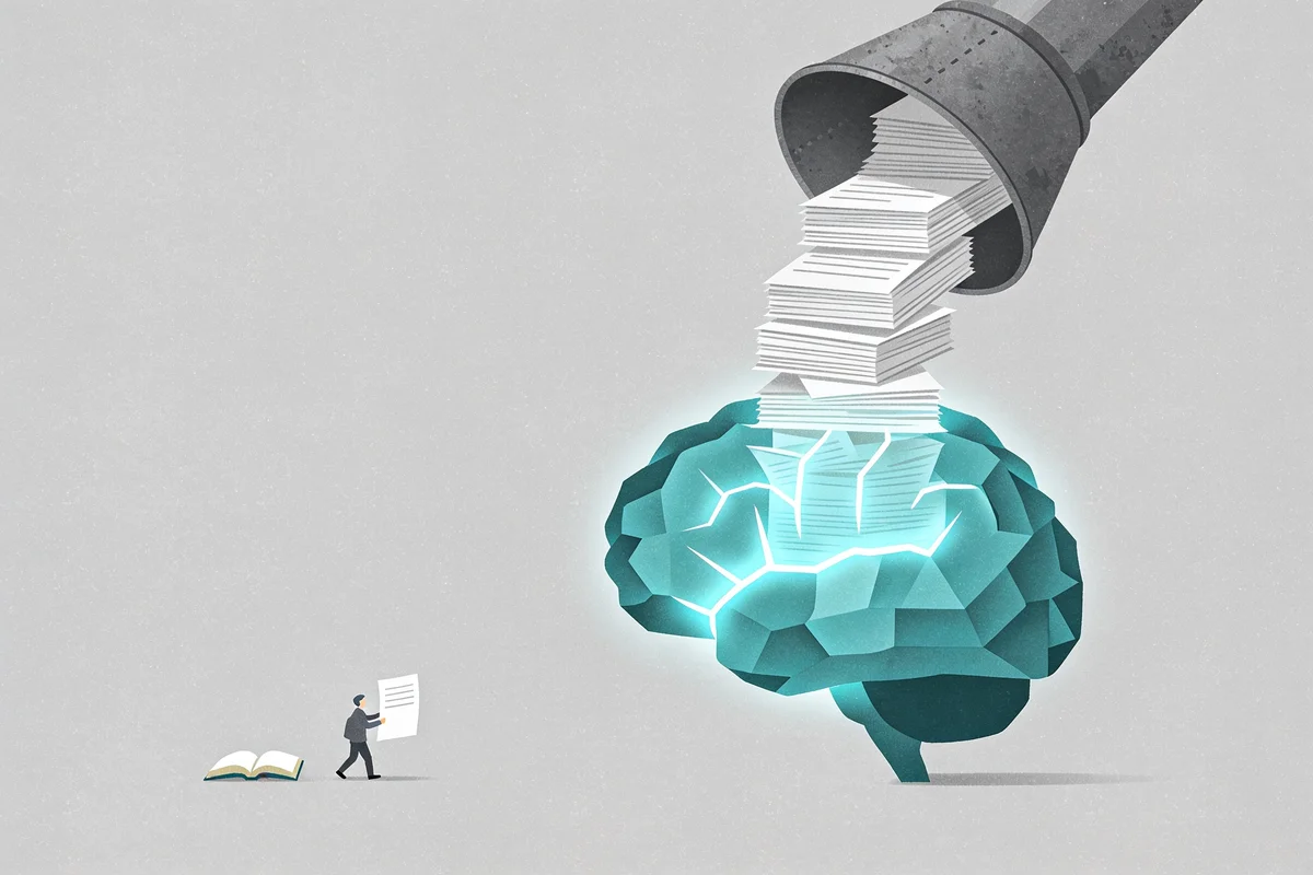 Illustration: a funnel pours a large stack of pages into a glowing brain while a small figure carries a single page to a book, showing that model training dominates AI crawling over live search