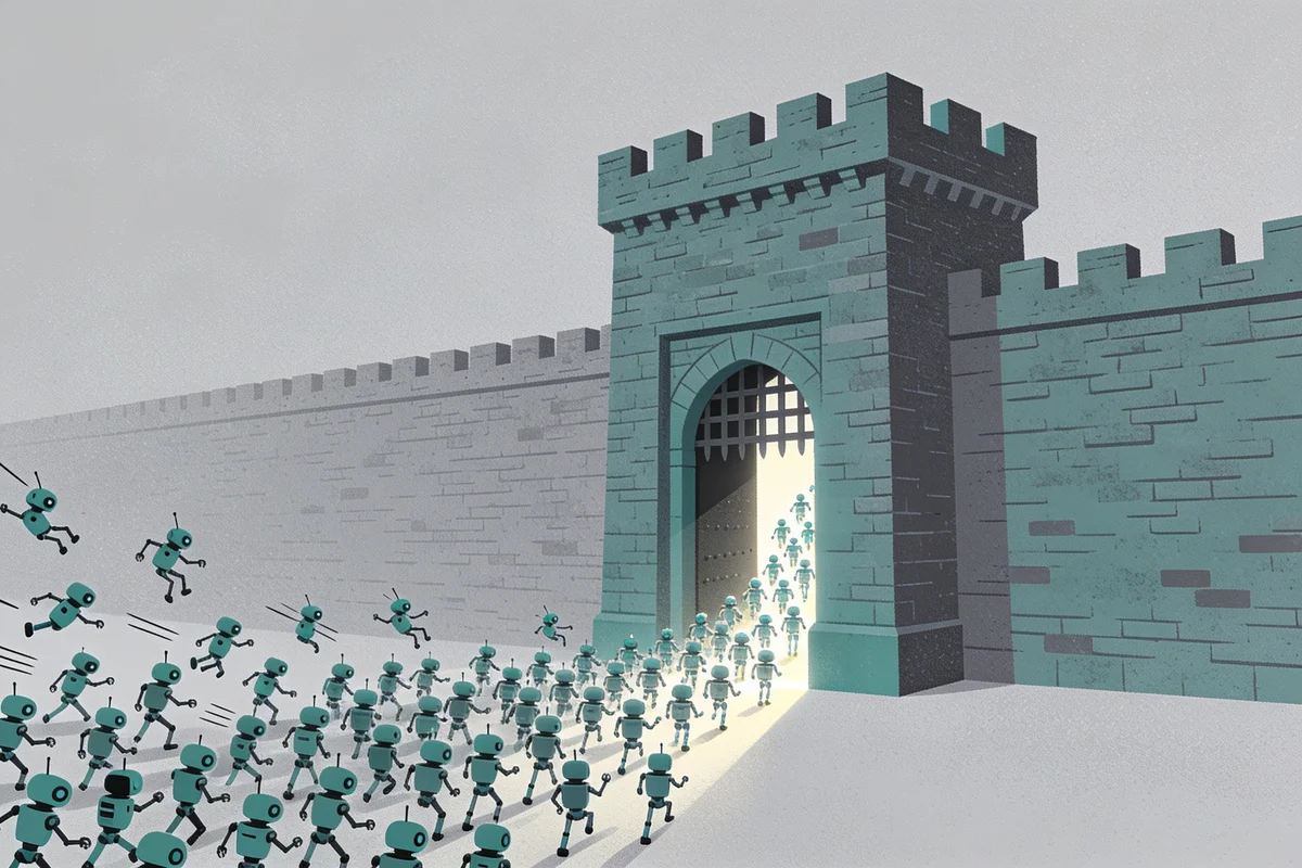 Illustration: a fortified gateway in a defensive wall turns back a swarm of small bots while a few slip through, representing crawler requests being blocked