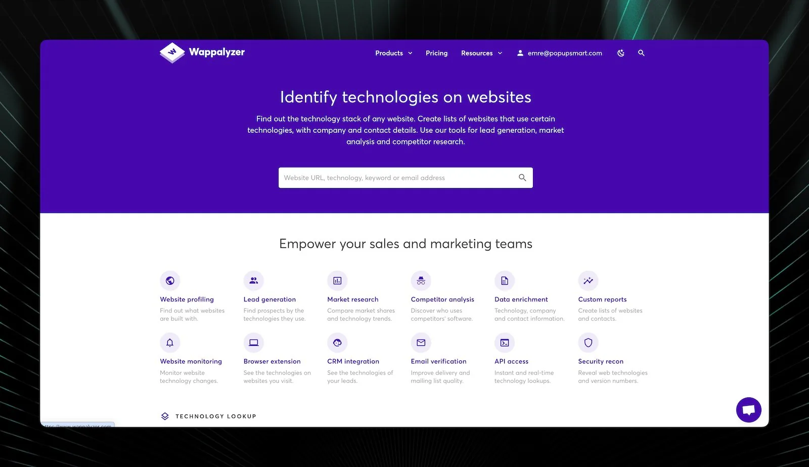 Wappalyzer browser extension showing detected technologies on a website
