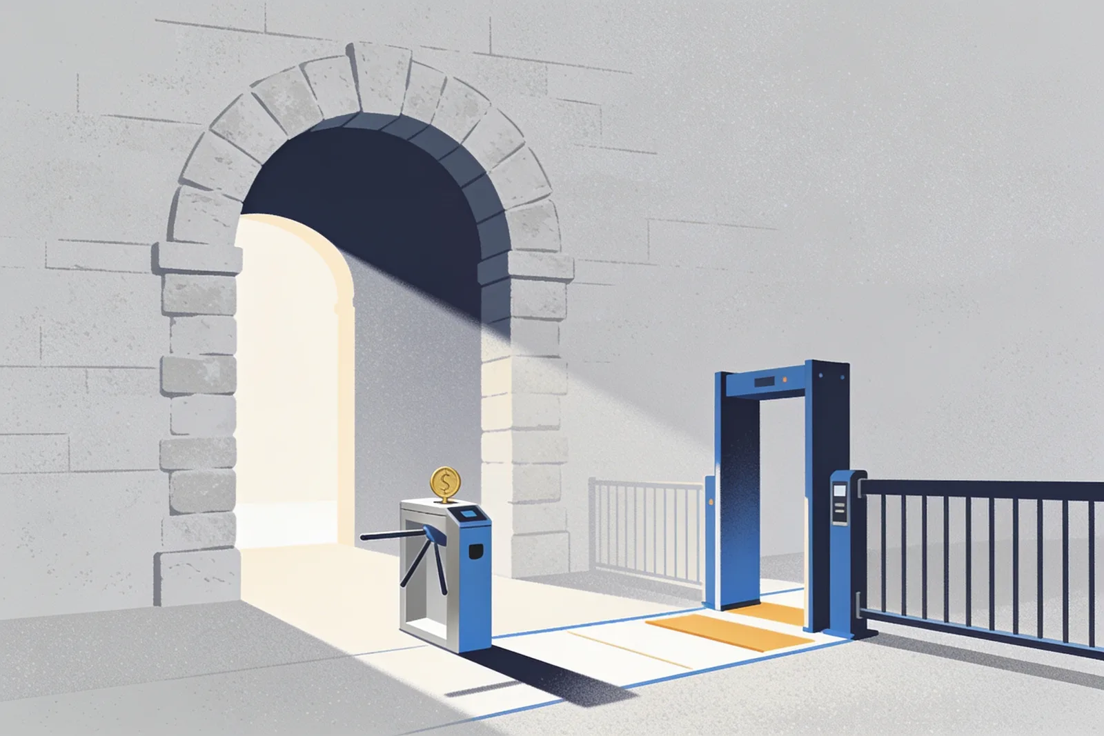 A bright open archway beside a coin-operated turnstile gate, free certificate authorities set against paid ones
