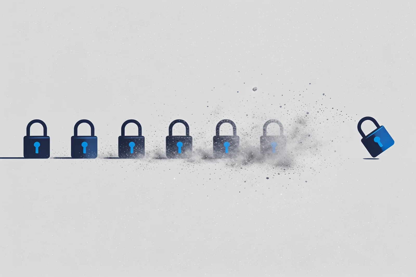 A row of padlocks dissolving into dust with a fresh one renewing, short-lived certificates that automatically rotate