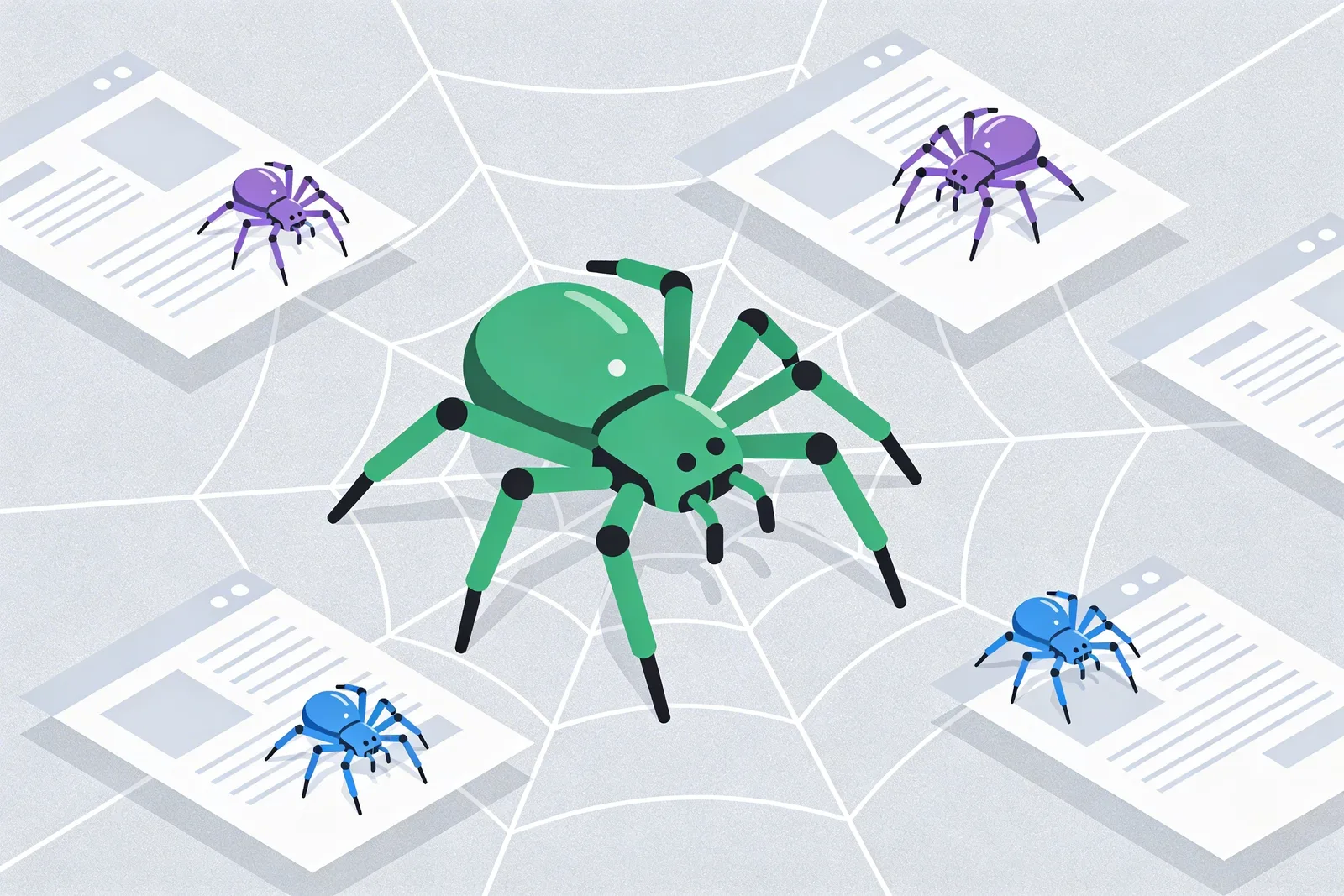 Illustration of AI web crawlers including GPTBot and ClaudeBot crawling across interconnected web pages