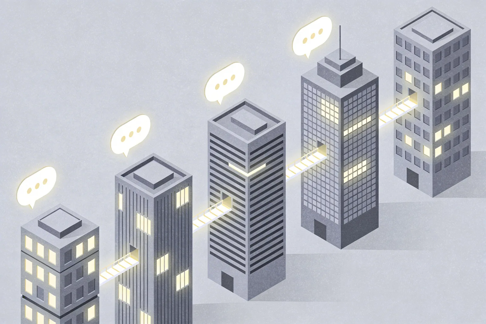 Illustration of modern office buildings with AI chat bubble windows representing enterprise ChatGPT adoption across industries