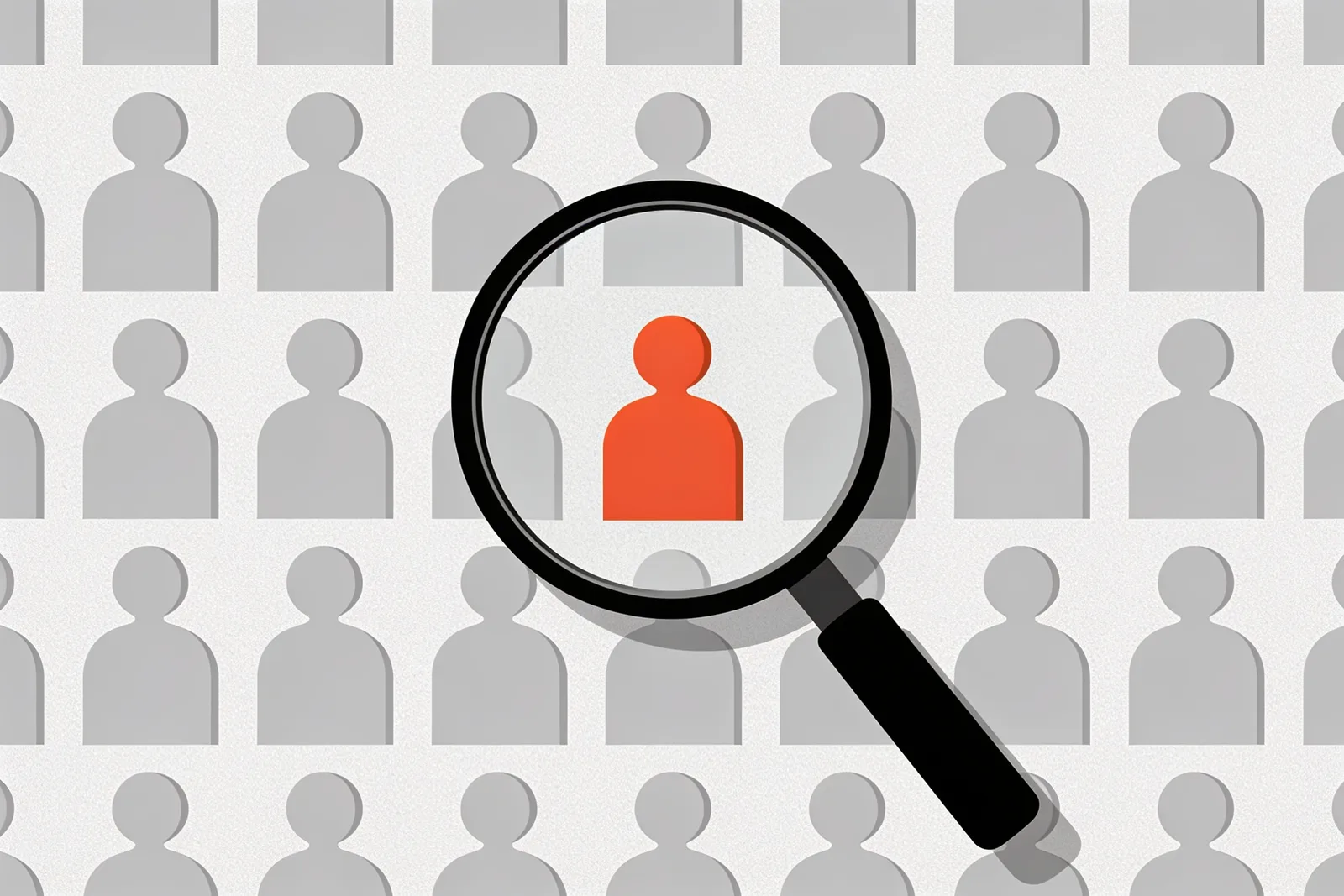A magnifying glass highlighting one orange figure among rows of identical gray figures, the outlier worth inspecting