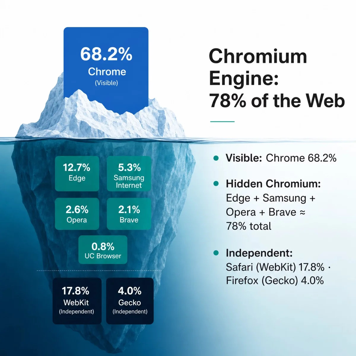 Iceberg diagram of web rendering engines 2026: Chrome's visible 68.2% sits atop a hidden Chromium mass (Edge, Samsung Internet, Opera, Brave) totaling about 78% on Blink, with only Safari's WebKit at 17.8% and Firefox's Gecko at 4.0% independent