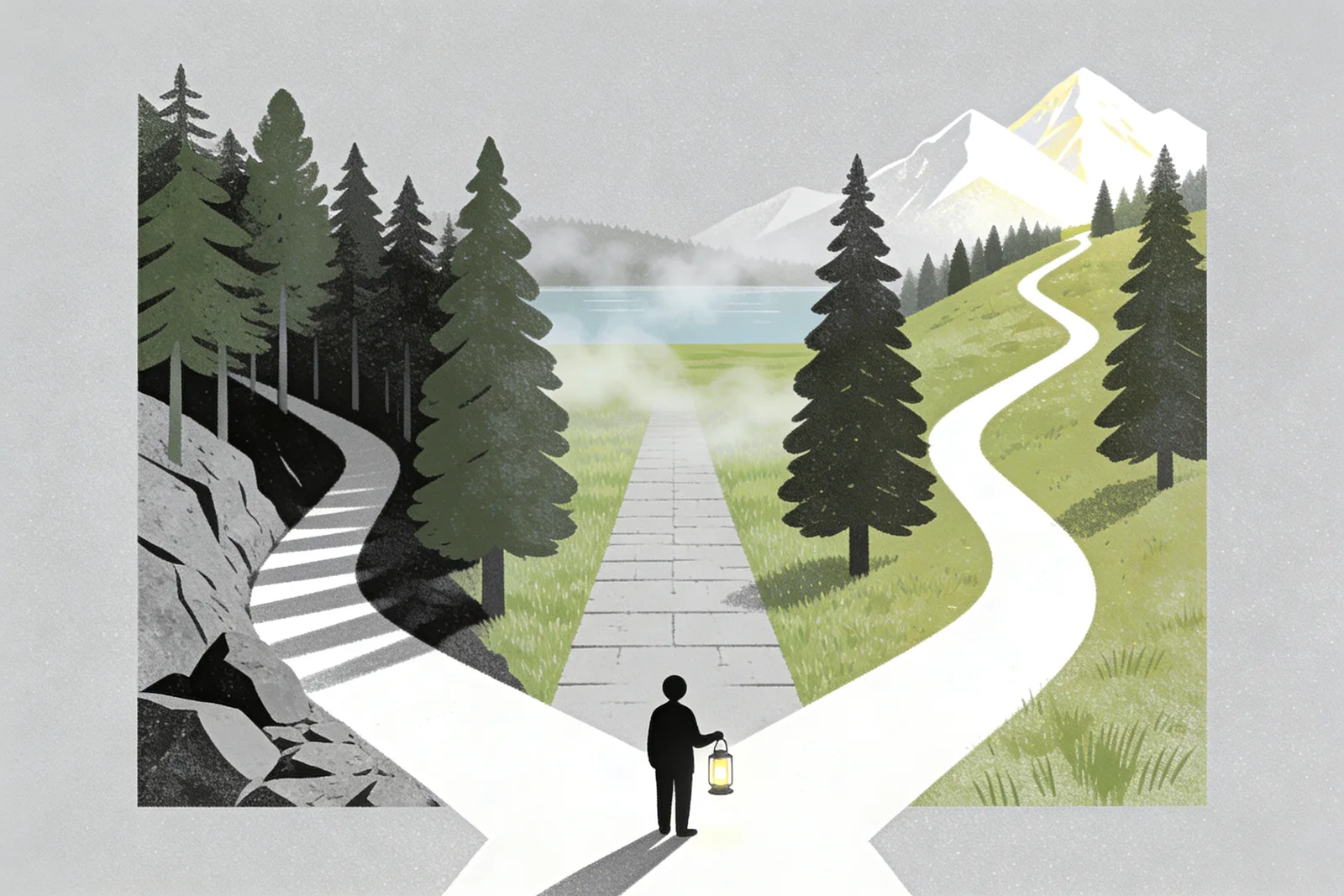 Three forest paths diverging from a single decision point where a small figure holds a lantern, the leftmost path descending into rocky shadow, the middle path paved and leading to a calm meadow, the rightmost ascending toward bright distant peaks, illustrating bear, base, and bull scenarios for AI leaders evaluating Claude in 2026