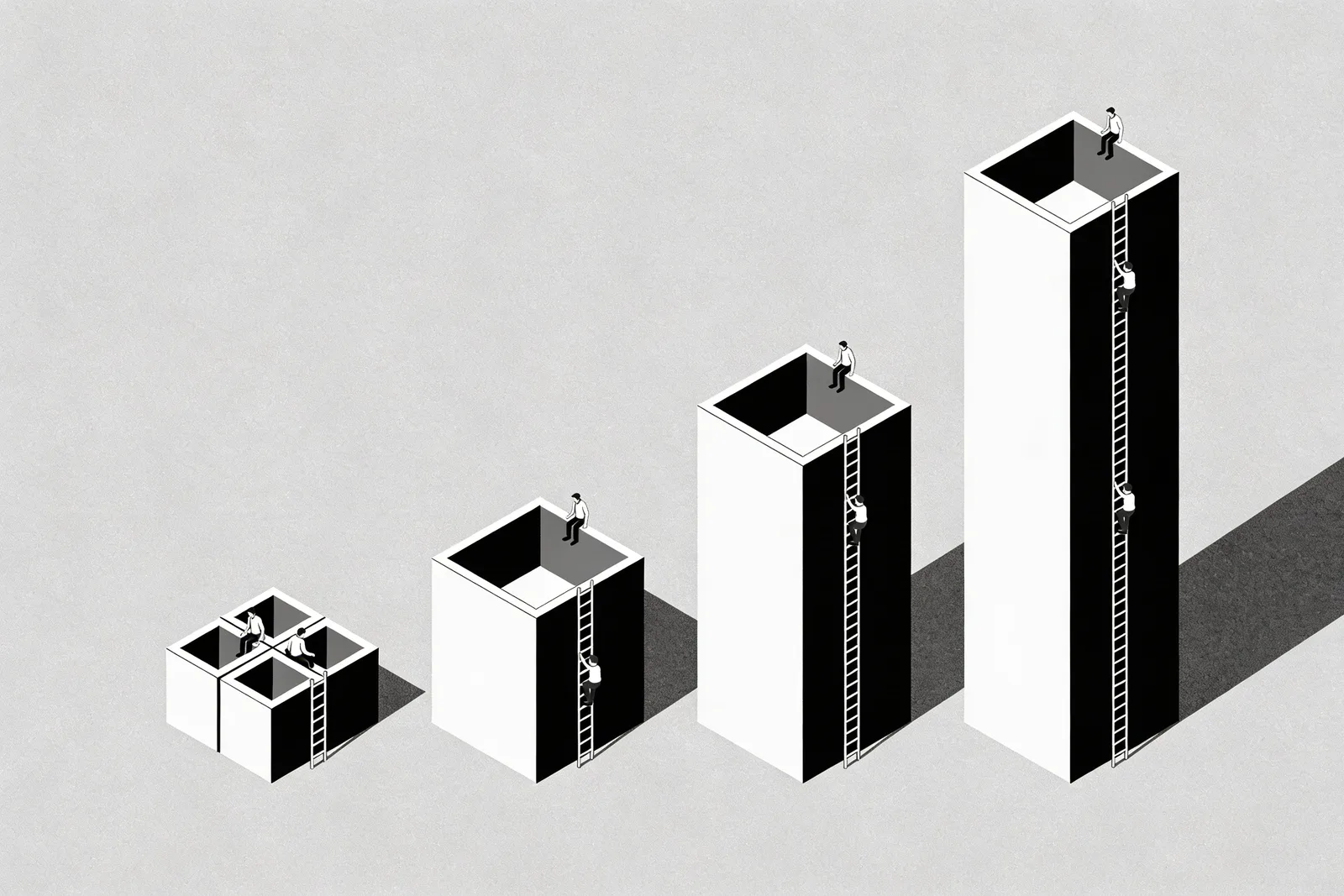 An ascending row of four building blocks growing in scale from left to right, the fourth block towering dramatically above the others with tiny figures climbing ladders between them, illustrating Anthropic's accelerating revenue growth from $1B to $30B in 16 months