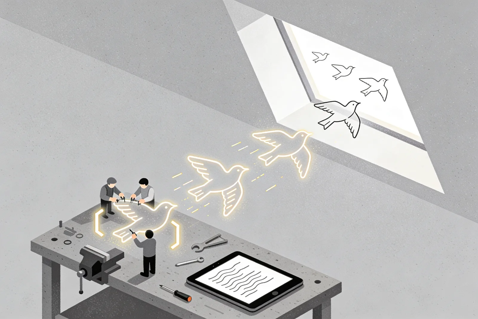 Isometric workshop bench with small hands assembling code-bracket-shaped birds that take flight upward through an open skylight, a tablet of flowing text and scattered tools resting nearby, illustrating Claude Code's role in developer adoption