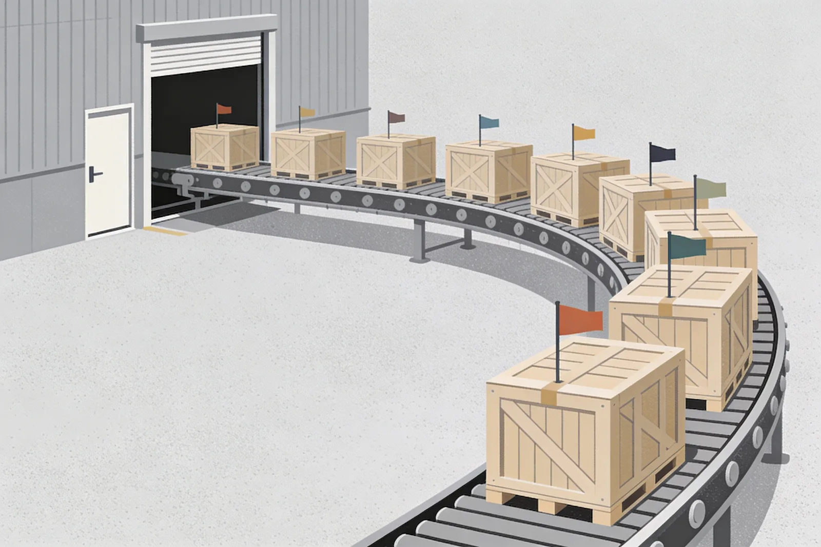 Conveyor belt carrying identical shipping crates emerging from a factory door, crates on the right spaced closely together and crates further back spaced widely apart, illustrating Claude's accelerating release cadence from 140-day gaps in 2024 to 75-day gaps in 2025