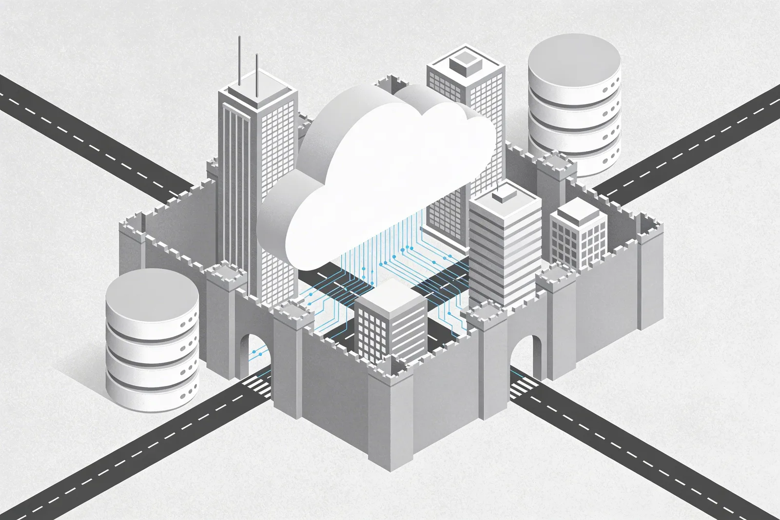 Cloud server towers and database cylinders forming a fortress among city skyscrapers representing North America as cloud stronghold