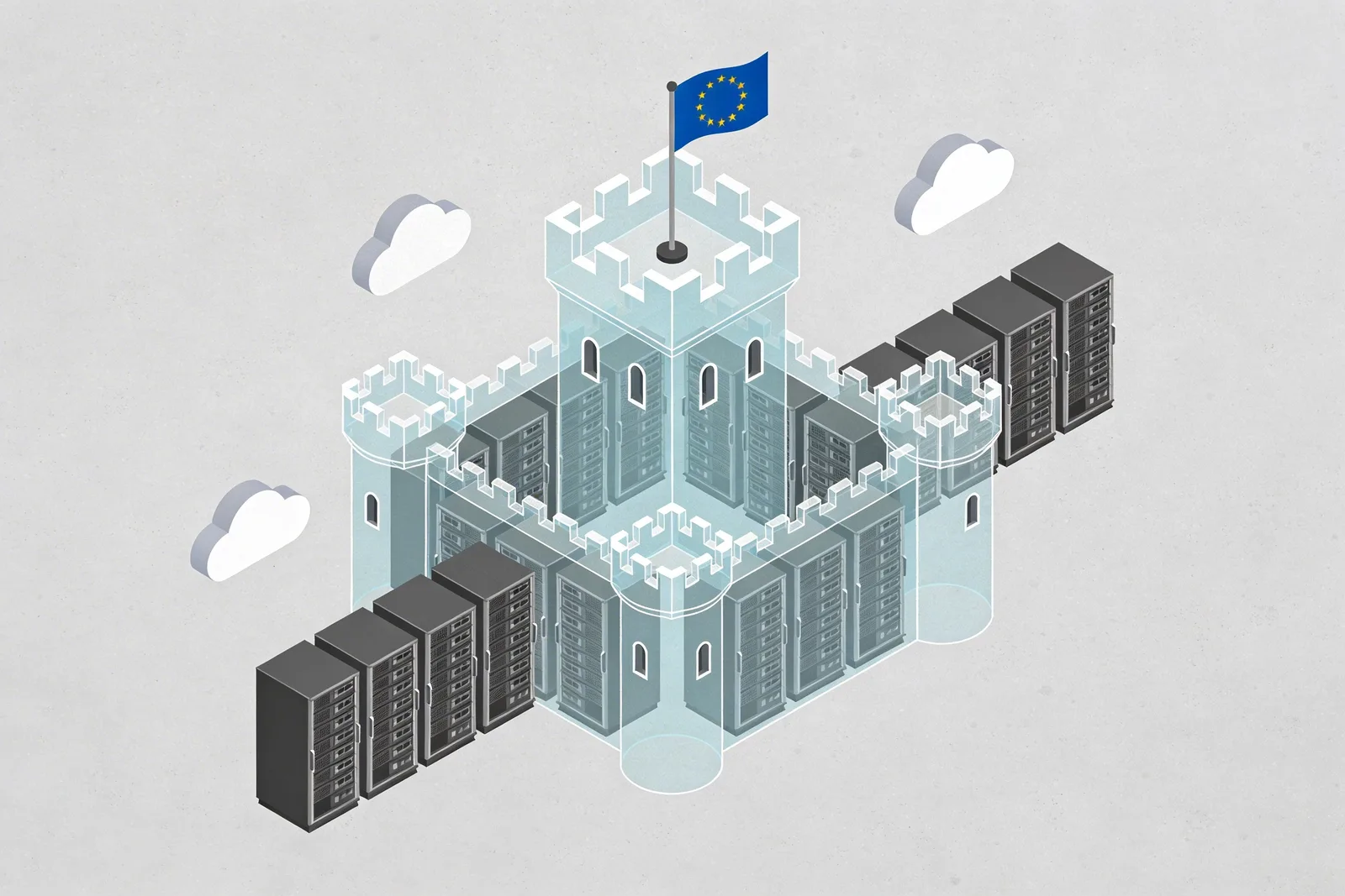 European data sovereignty castle made of glass server racks with EU flag representing local cloud preference