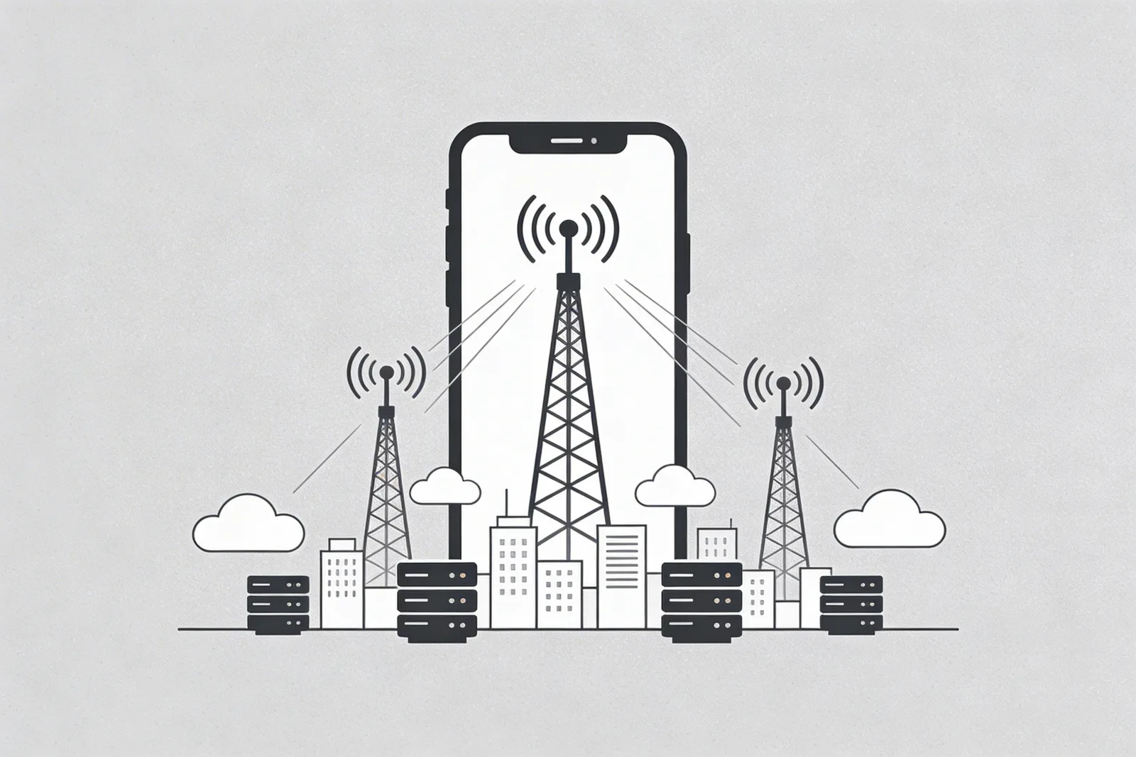 Giant smartphone and mobile towers dwarfing small cloud server buildings representing telecom dominance in Asia