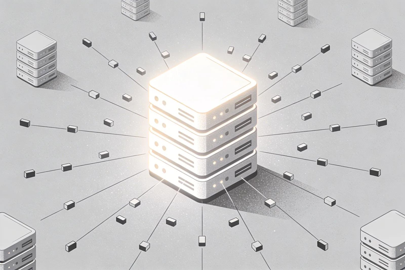 Glowing central server with gravitational pull lines drawing data packets from all directions representing us-east-1 dominance