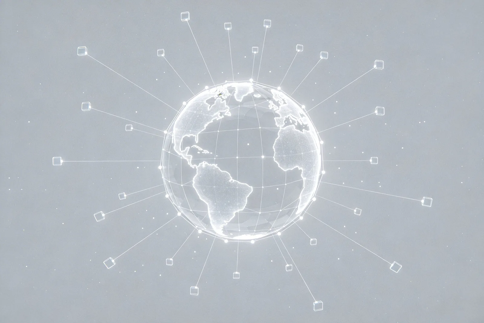 Translucent globe with network lines and data nodes distributed evenly across all continents representing Google Cloud global-first routing