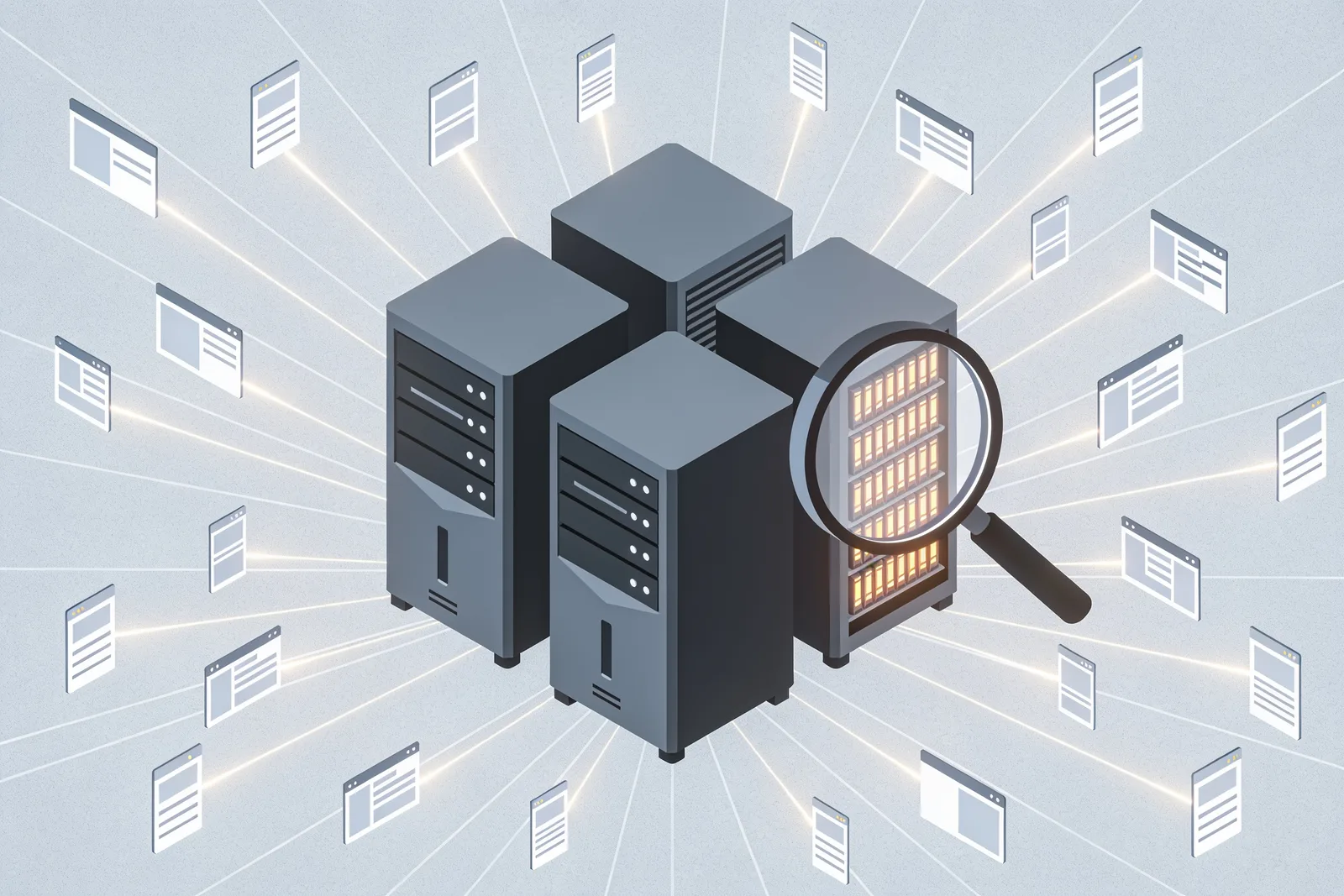 Isometric server towers with a magnifying glass revealing glowing racks as website traffic streams in, representing where AI data center demand concentrates
