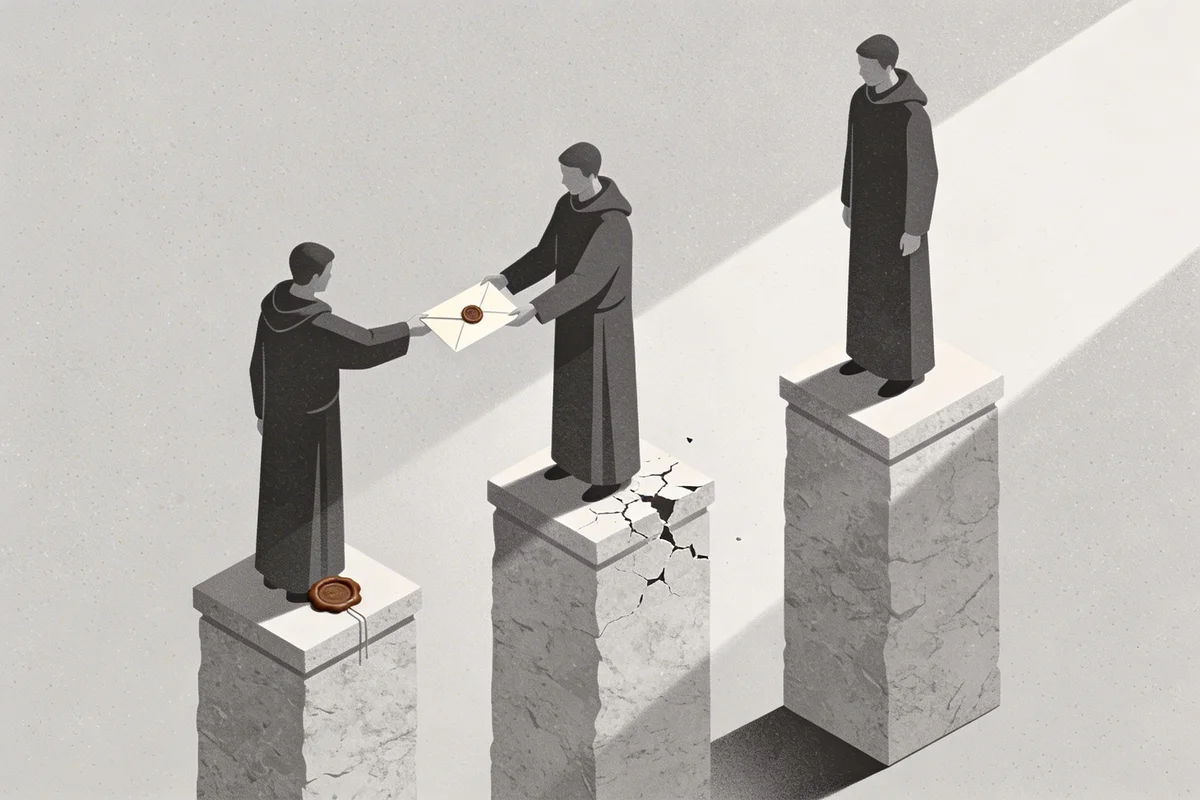 Illustration of a paper envelope being passed between three robed figures standing on adjacent stone pedestals, with its wax seal visibly fading from solid to cracked to completely absent across the three handoffs, representing the loss of email authentication when messages are forwarded