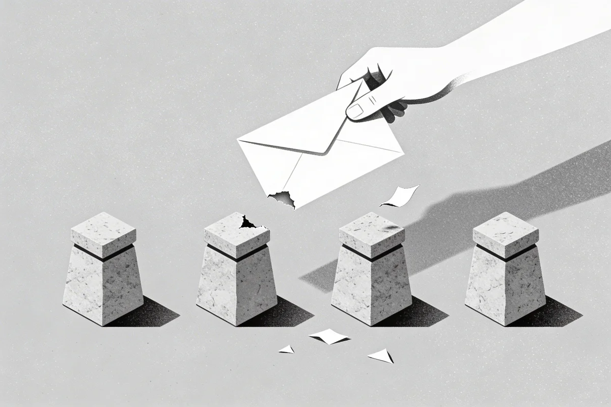 Illustration of a paper envelope being passed across a row of four stone pedestals, with its corner tearing off mid-relay and small paper fragments scattered between the pedestals, representing SPF authentication fragility at each forwarding hop