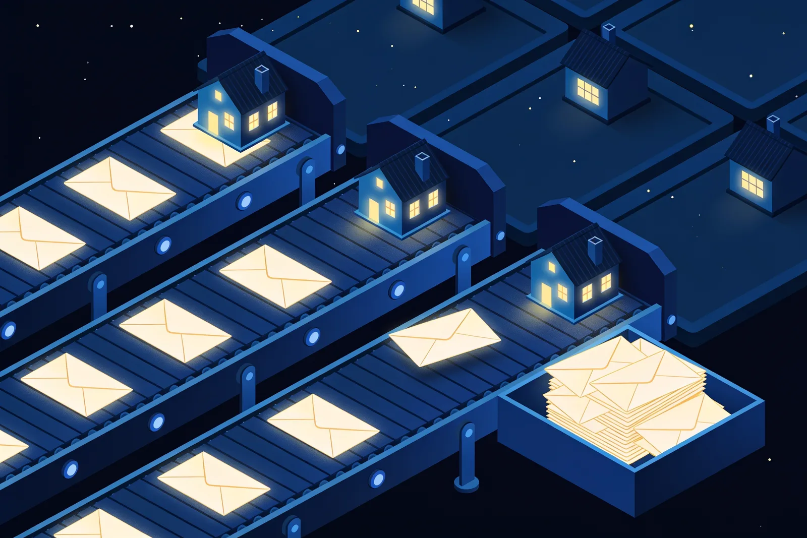 Mail sorting hub where most envelopes reach houses and a pile returns from empty plots, illustrating NXDOMAIN answers