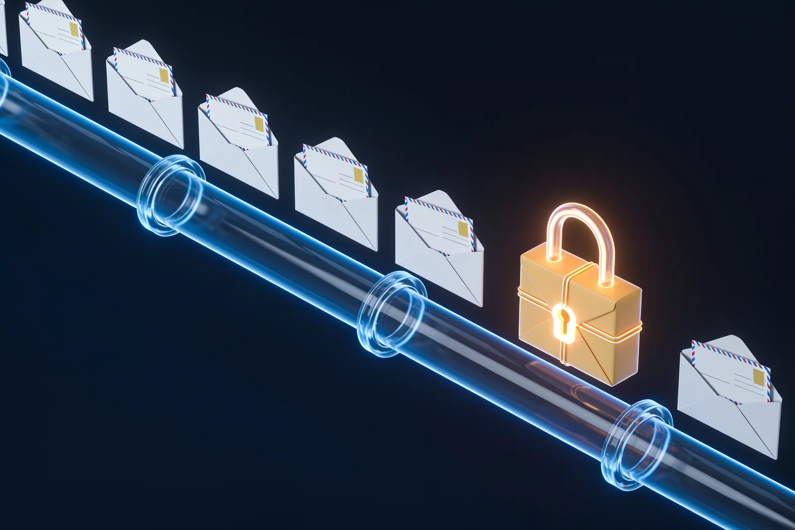 Pipeline of open postcards with one sealed padlocked envelope, illustrating the small share of encrypted DNS queries