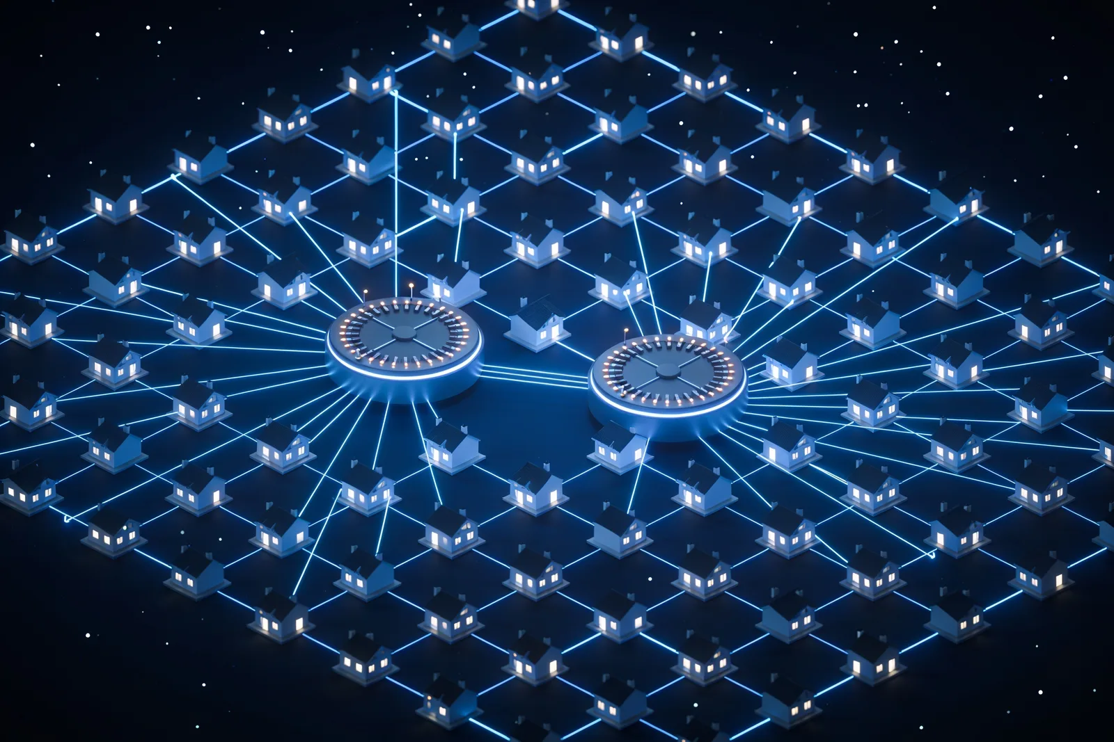 Grid of houses with many lines converging on two large hubs, illustrating DNS hosting concentrated in two providers