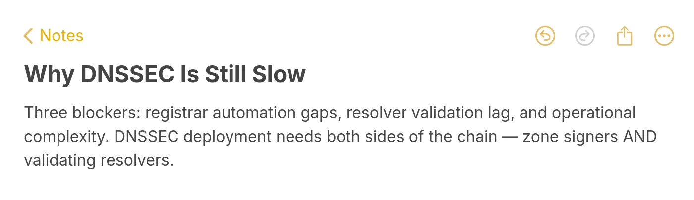 Note image listing three blockers to DNSSEC adoption: registrar automation, resolver lag, operational complexity
