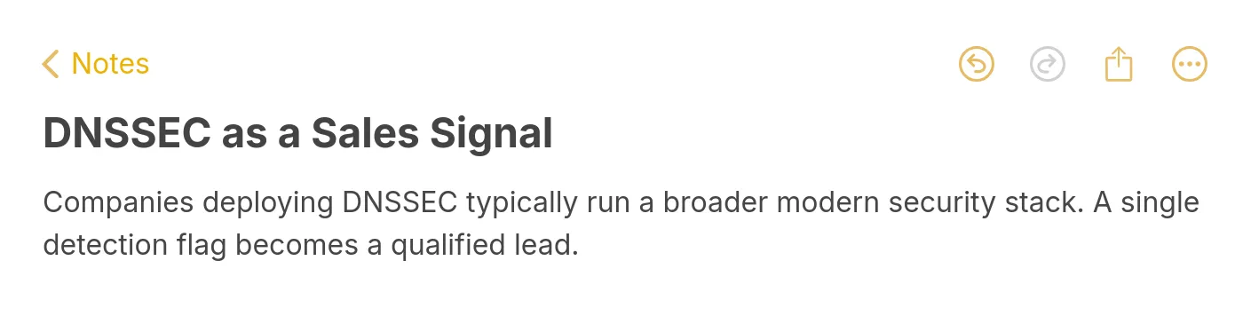 Note image explaining that DNSSEC deployment correlates with a broader mature security stack, making it a useful sales-qualification signal
