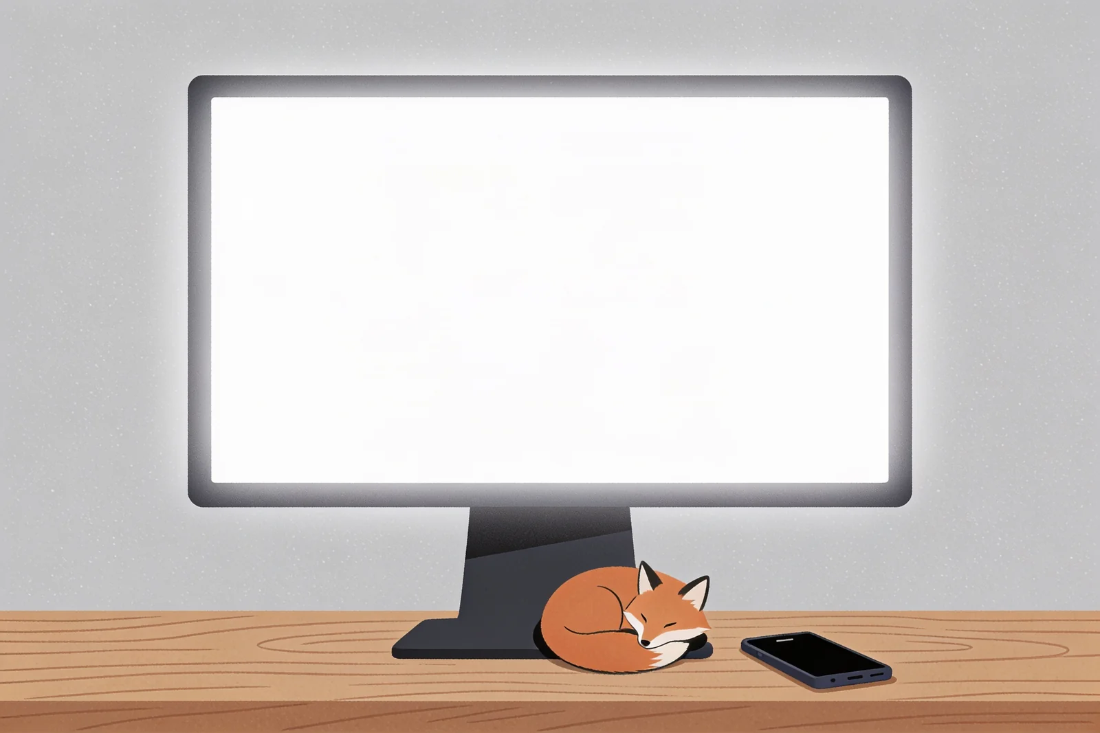 A fox resting at the base of a large glowing desktop monitor while a small smartphone lies dark and ignored beside it