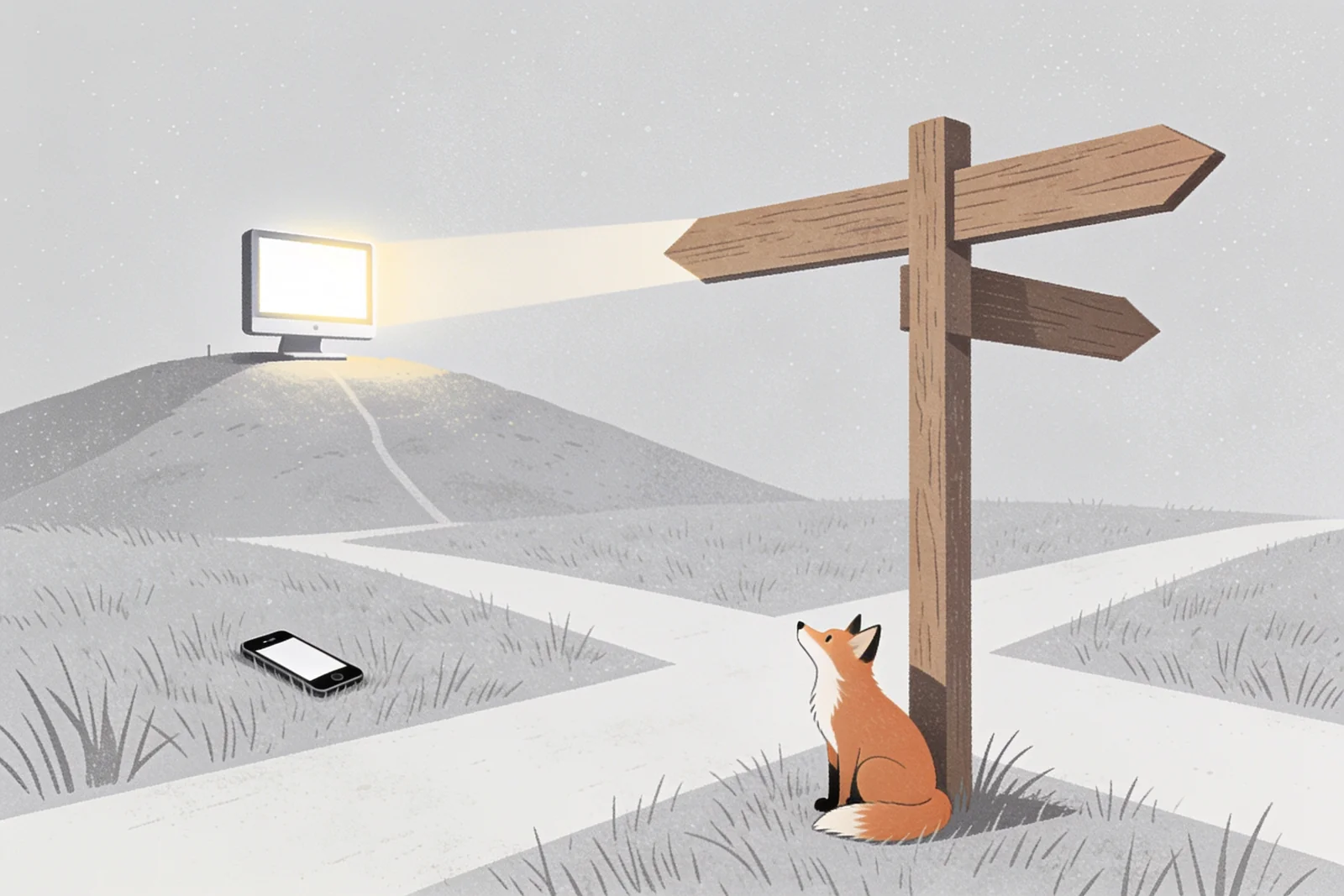 A fox at a crossroads signpost looking toward a glowing desktop monitor on a hill, a discarded smartphone lying in the grass