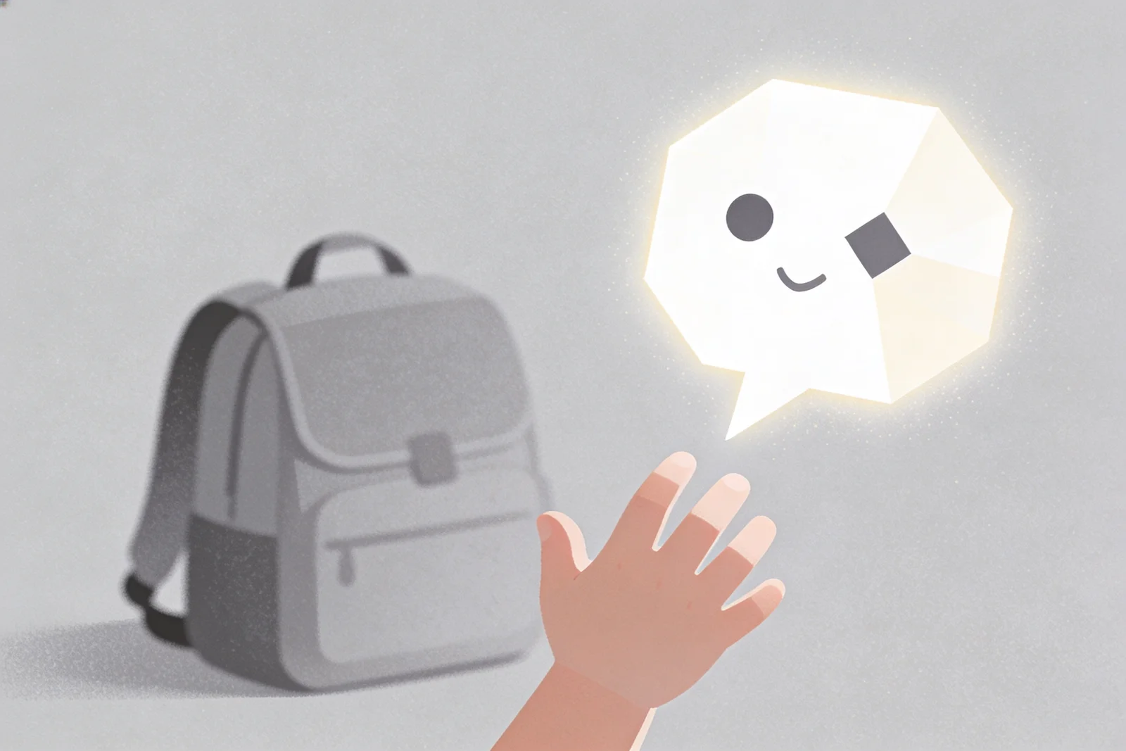 Small child's hand reaching toward a friendly glowing chat bubble with simple dot eyes and a curious tilt, school backpack visible behind — visual metaphor for UK Gen Alpha exposure to ChatGPT and generative AI