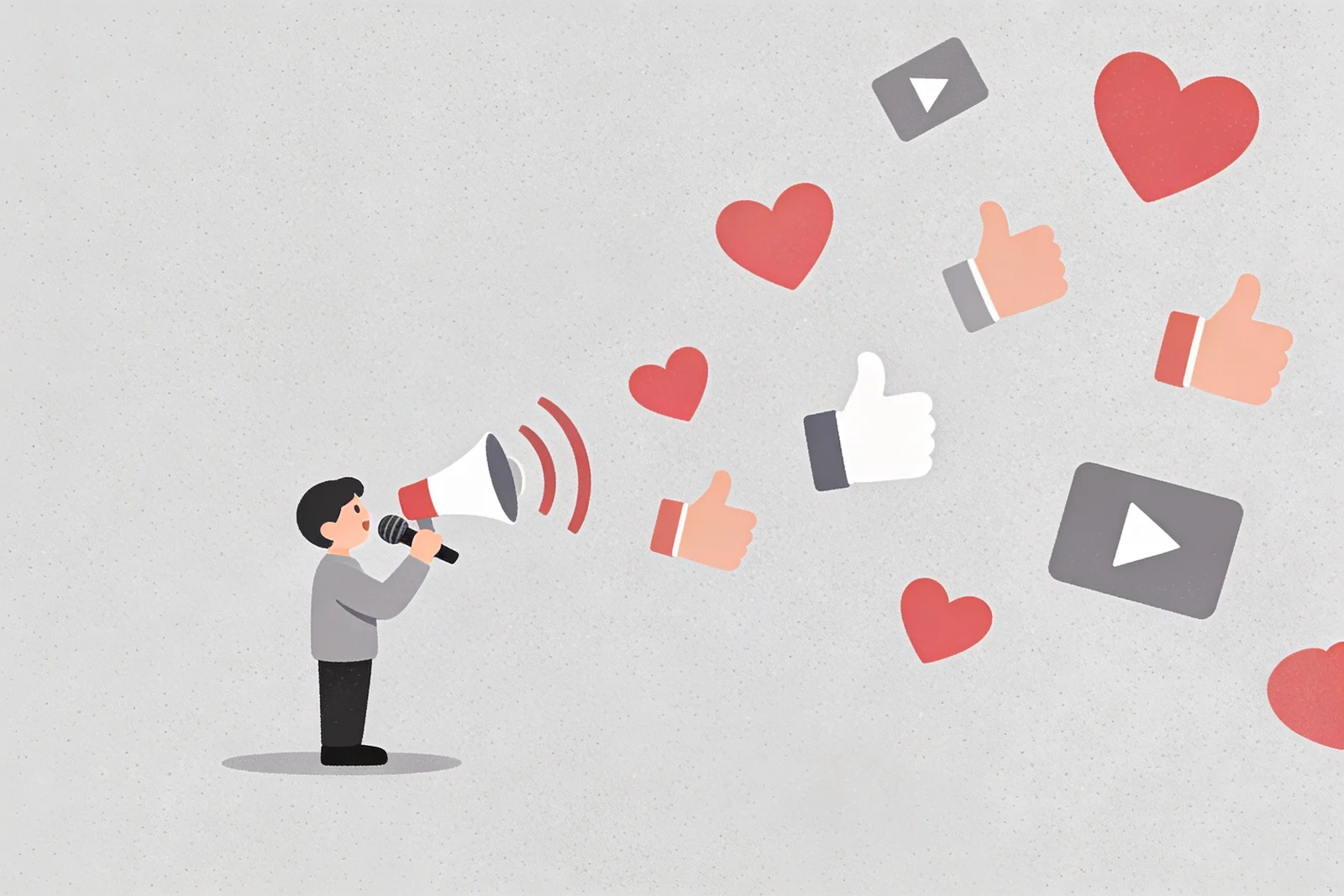 Small figure speaking into a microphone surrounded by hearts, thumbs-up icons, and play-button shapes floating in — visual metaphor for UK Gen Z driving the creator economy