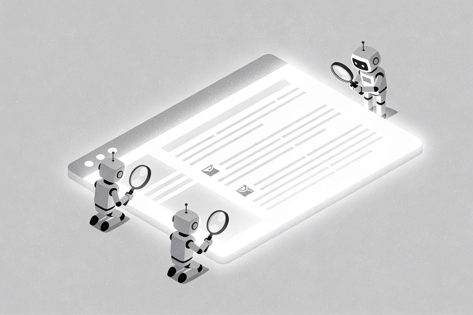 Three small robot characters with magnifying glasses examining an oversized glowing web page covered in lines of text and small icons — visual metaphor for AI crawlers reading UK content